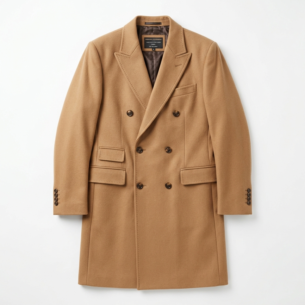 Men Camel Tan Double-Breasted Wool Overcoat