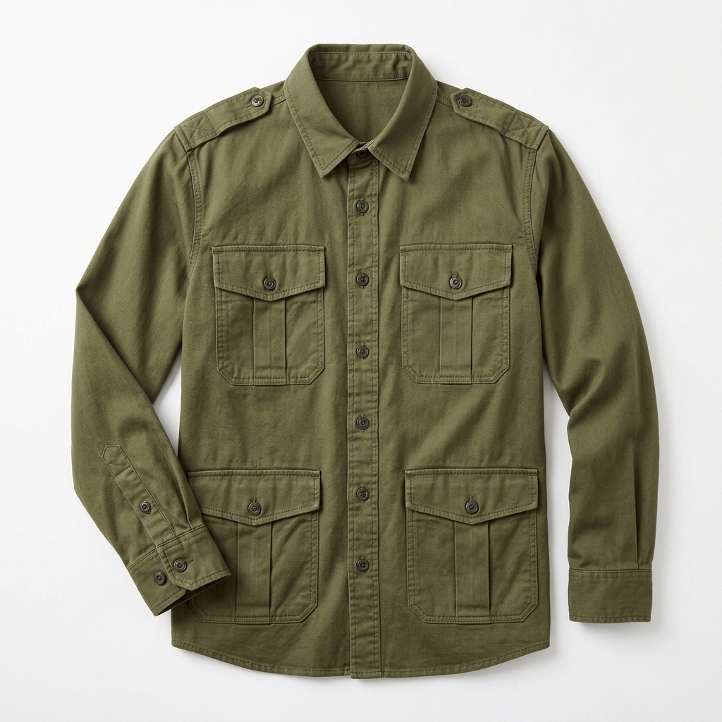 Men Olive Green Military Cargo Utility Shirt
