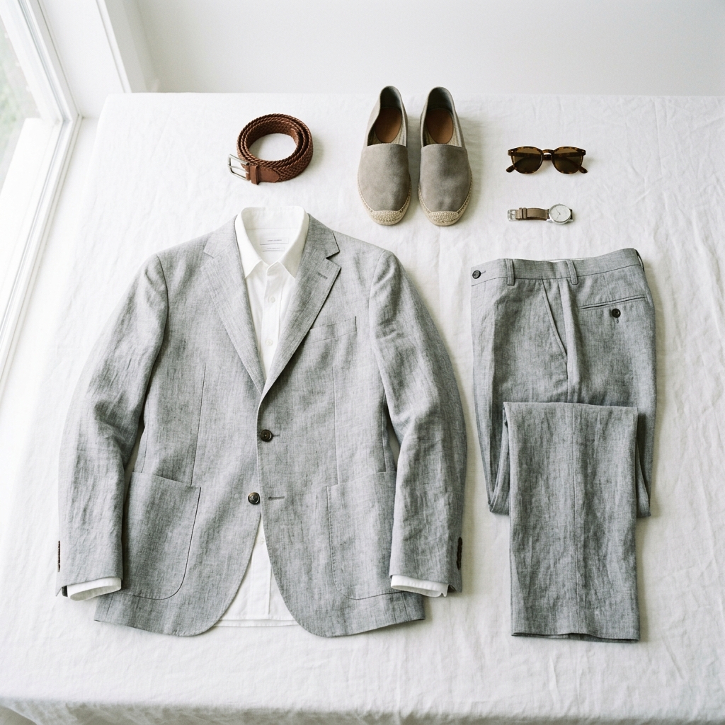 Men Light Grey Summer Linen Suit