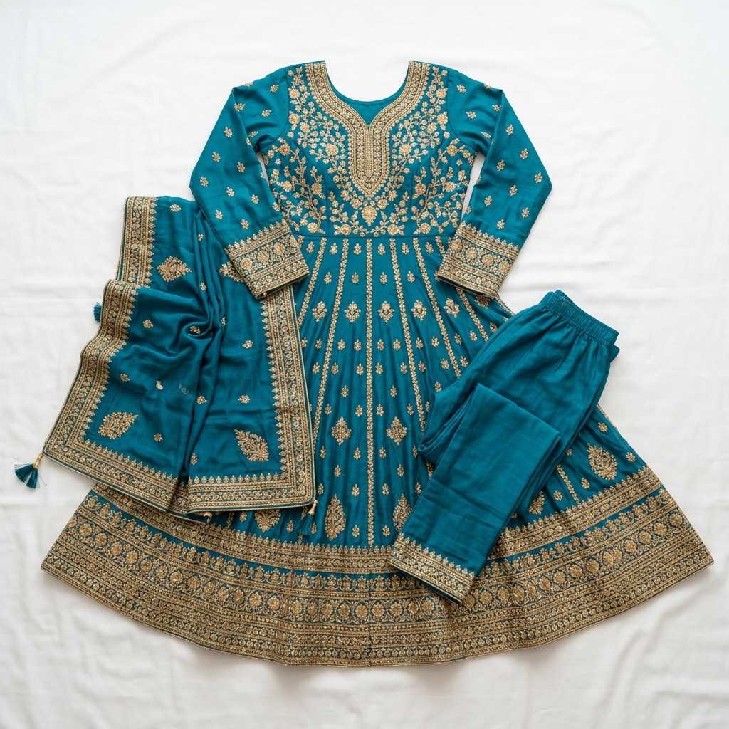 Women Peacock Blue Anarkali Floor-Length Suit