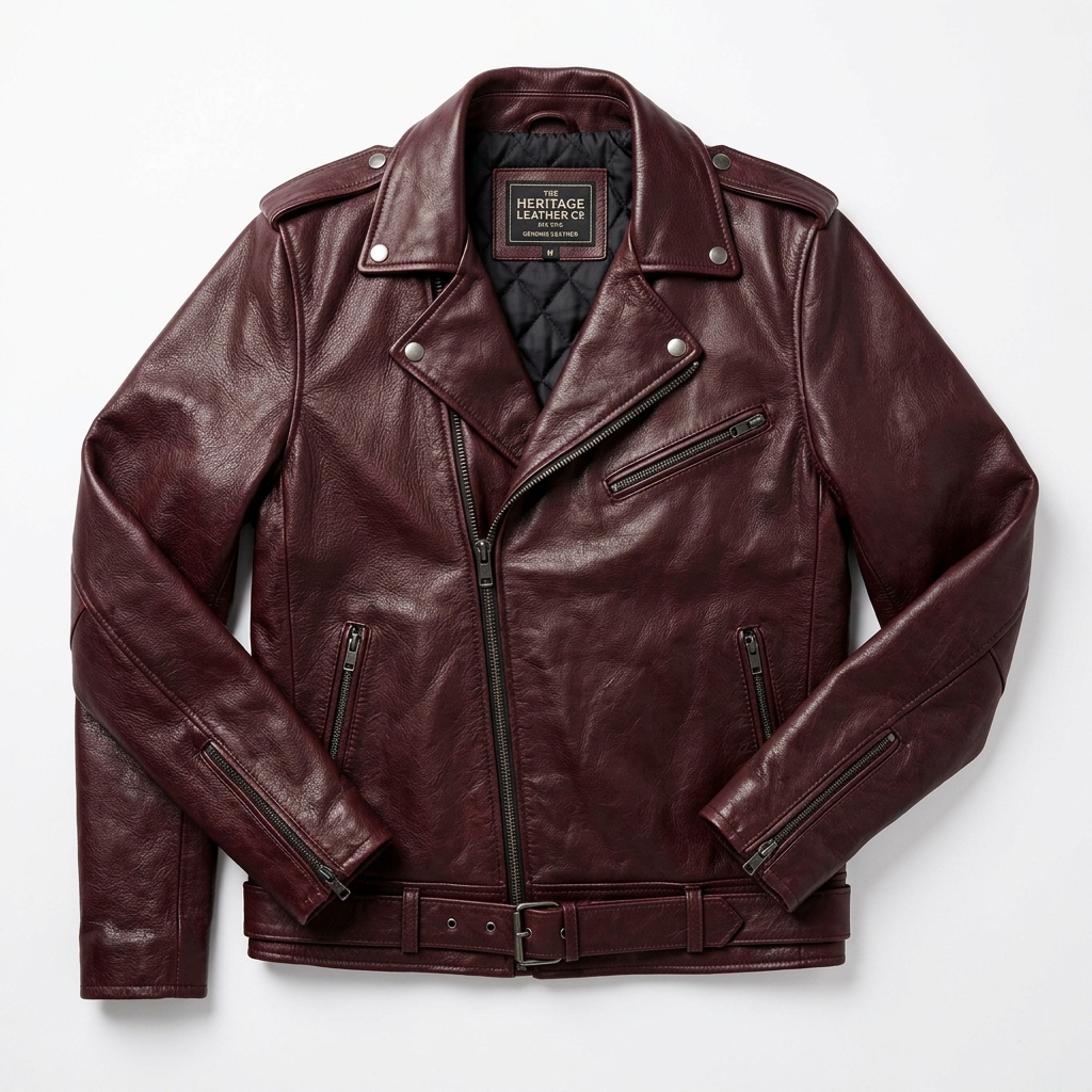 Men Burgundy Genuine Leather Biker Jacket