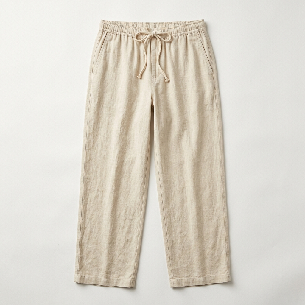 Men Beige Linen Drawstring Relaxed Casual Trousers