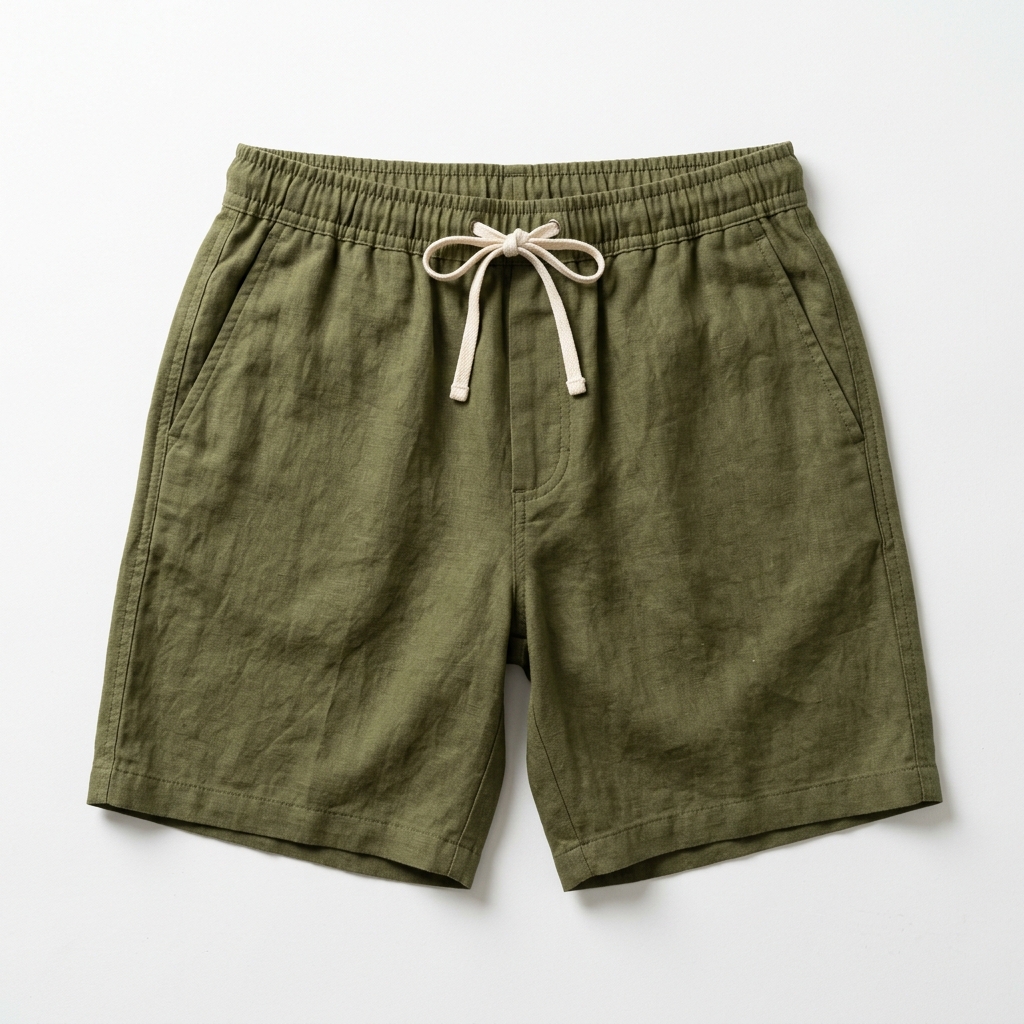 Men Olive Green Linen Drawstring Casual Shorts