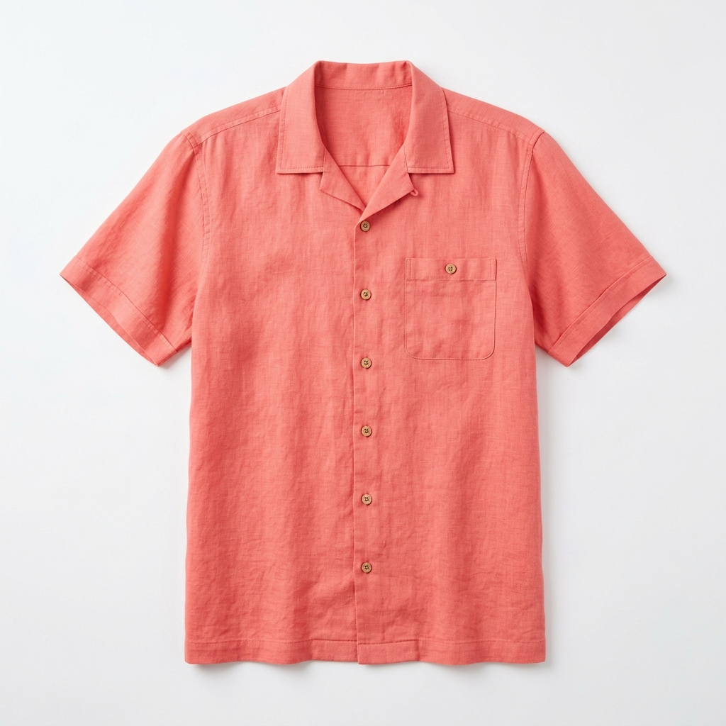 Men Coral Pink Linen Beach Half Sleeve Shirt