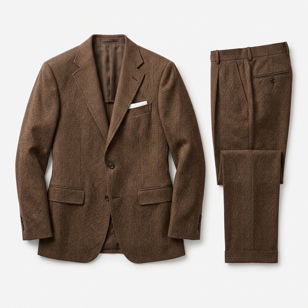 Men Brown Herringbone 2-Piece Tweed-Style Suit