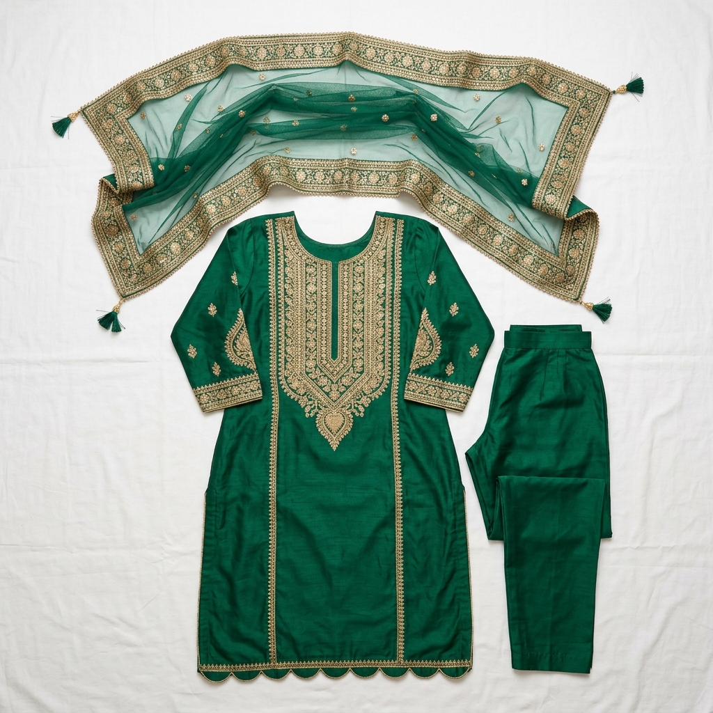 Women Emerald Green Silk Salwar Kameez Set