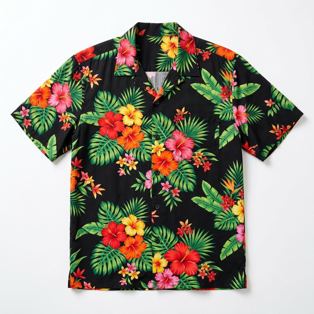 Men Black Tropical Floral Hawaiian Shirt