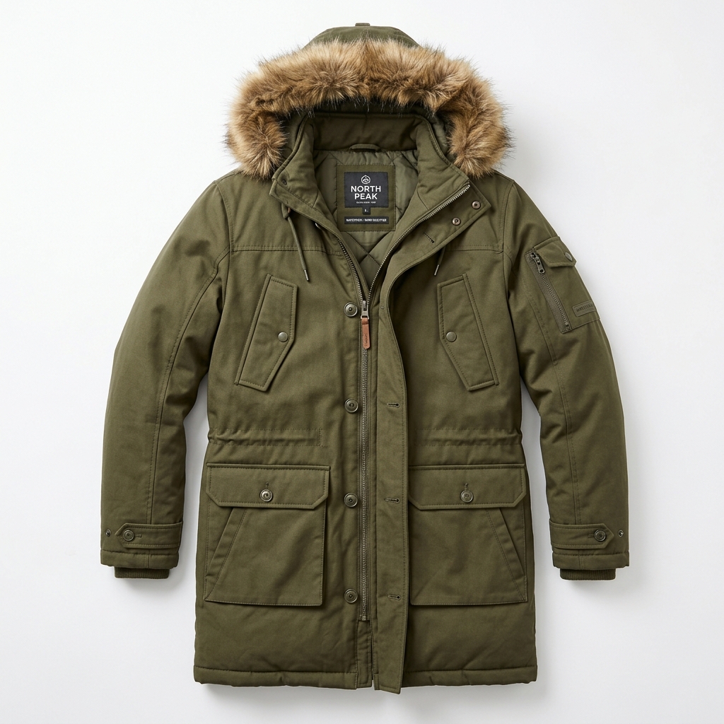 Men Olive Green Hooded Fur-Trim Long Parka
