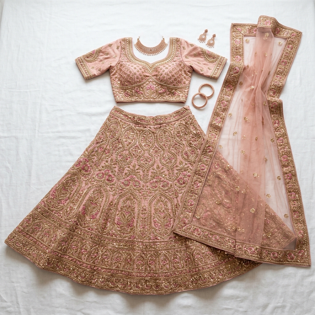 Women Rose Gold Embroidered Lehenga Choli Set