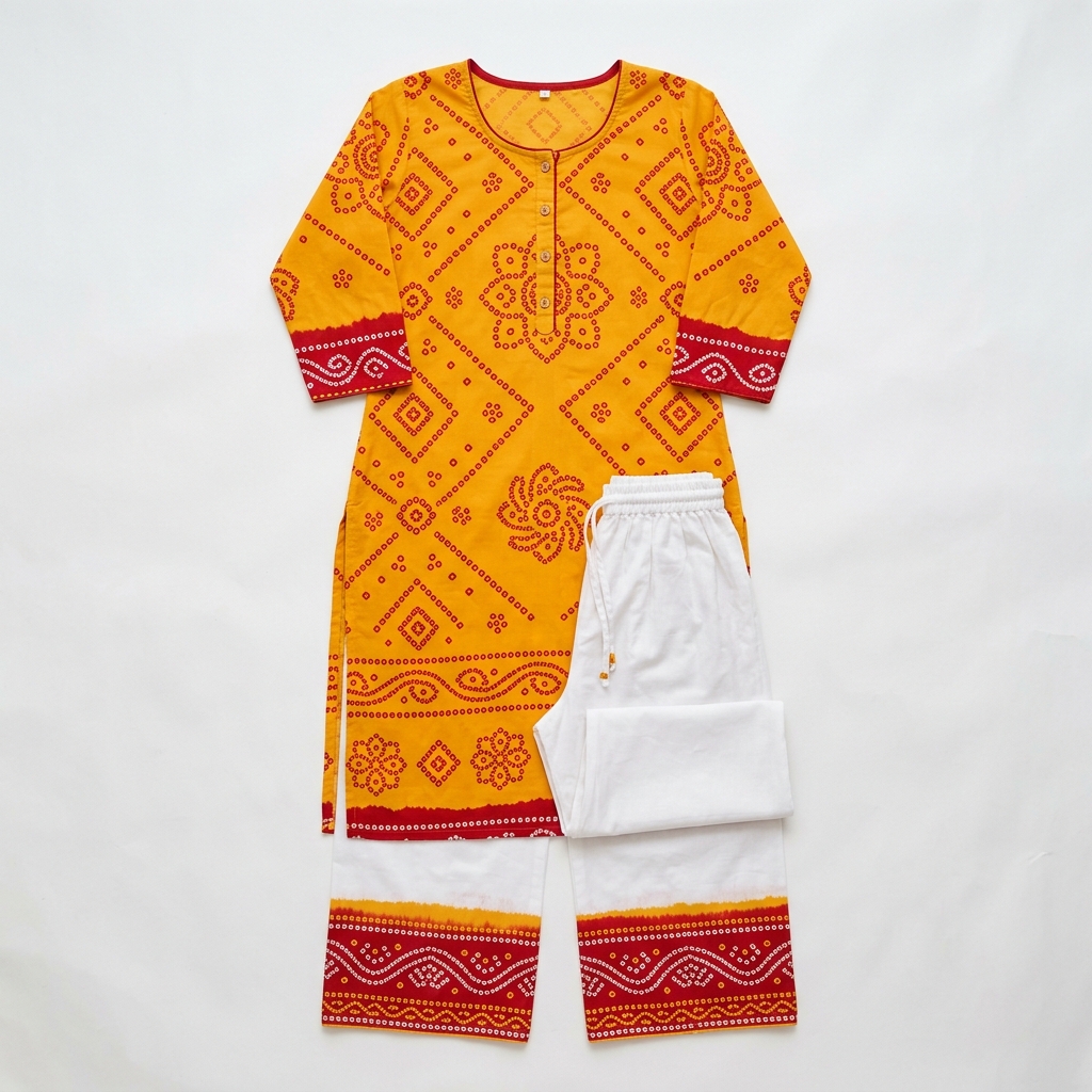 Women Saffron Yellow & Red Bandhani Printed Kurta Set